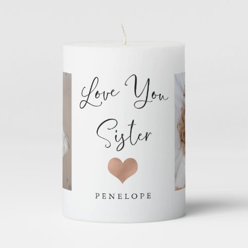 Love You Sister  Two Photo Script and Heart Pillar Candle