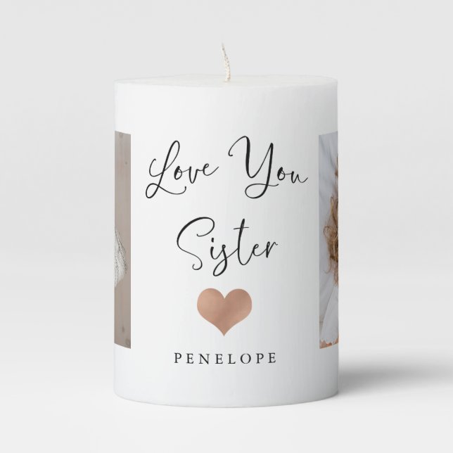 Love You Sister | Two Photo Script and Heart Pillar Candle (Front)