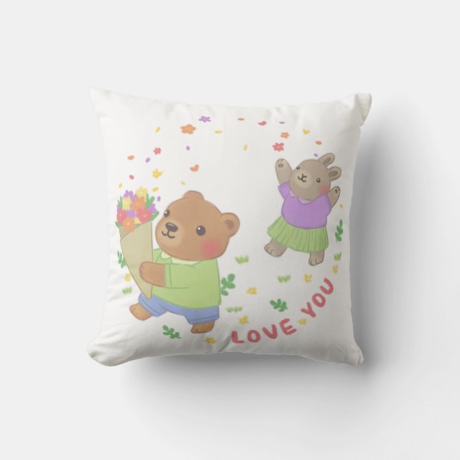 Love You: Teddy Bear & Bunny with Flowers Throw Pillow (Front)