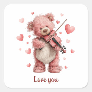 Love You Teddy with Violin Square Sticker