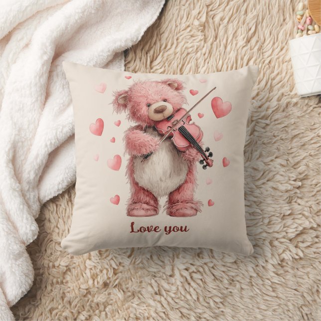Love You Teddy with Violin Throw Pillow (Blanket)