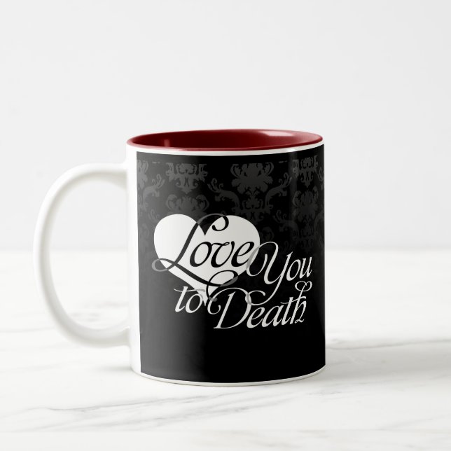 Love You to Death - Black Gothic Damask Two-Tone Coffee Mug (Left)