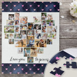 Love you to Pieces Heart Shaped 36 Photo Collage J Jigsaw Puzzle<br><div class="desc">Create your own heart shaped Photo Collage with 36 of your favorite family pictures, wedding photos etc. The design is lettered with cute caption, "love you to pieces" in handwritten script. The collage comprises a variety of landscape, portrait and square instagram formats to give you plenty of options when placing...</div>