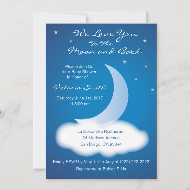 Love You to the Moon and Back Baby Shower - Blue Invitation (Front)