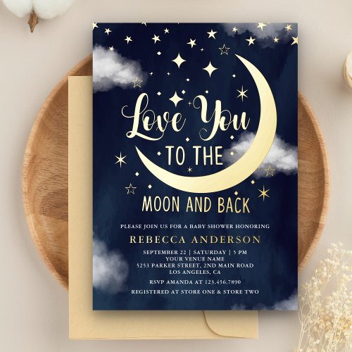 Love You to the Moon and Back Baby Shower Gold Foil Invitation