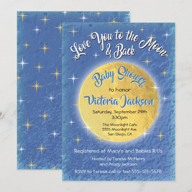 Love you to the moon and back baby shower invites (Front/Back)