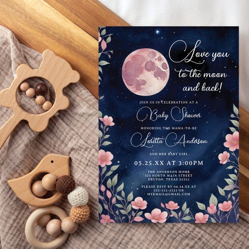 Love You to the Moon and Back Girl Baby Shower Invitation