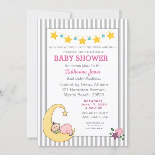 Love You To The Moon Baby Girl Shower Invitation