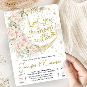 Love You To The Moon Baby Shower Girl Pink Gold Invitation
