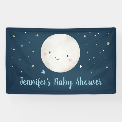 Love You To The Moon Blue Gold Baby Shower Banner