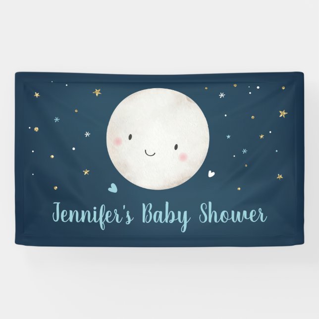 Love You To The Moon Blue Gold Baby Shower Banner (Horizontal)
