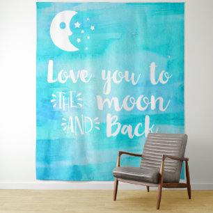 Love You To the Moon Blue Watercolor Typography Tapestry