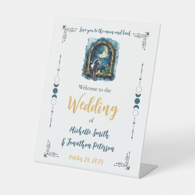 Love you to the Moon Celestial Wedding Welcome Pedestal Sign (Front)