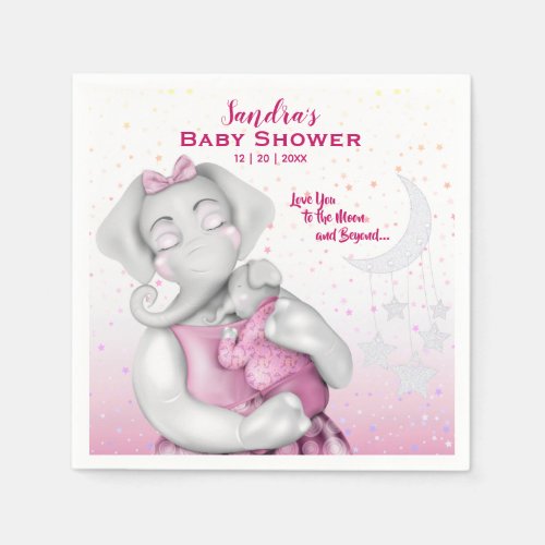 Love You To The Moon Girl Elephant  Baby Shower Napkins