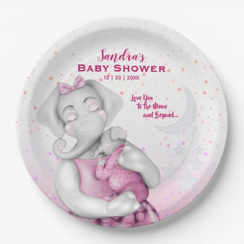 Love You To The Moon Girl Elephant  Baby Shower Paper Plates