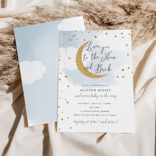 Love You to the Moon Gold Stars Blue Baby Shower Invitation