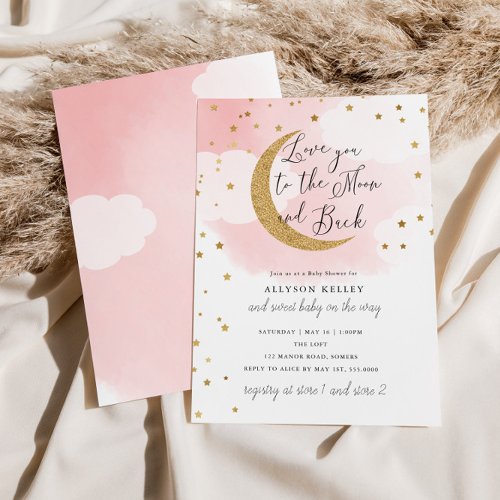 Love You to the Moon Gold Stars Pink Baby Shower Invitation