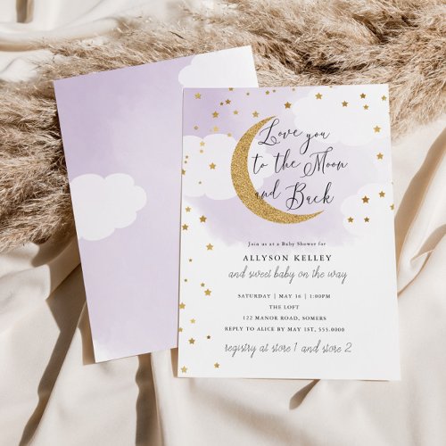 Love You to the Moon Gold Stars Purple Baby Shower Invitation