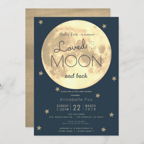 Love You to the Moon Navy Blue Gold Baby Shower Invitation