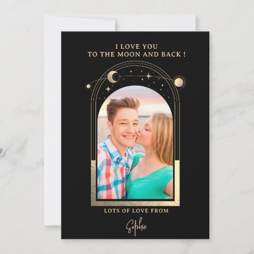 Love You To The Moon Photo Celestial Black Gold Holiday Card