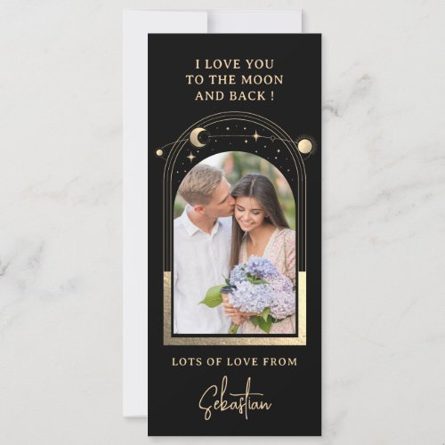 Love You To The Moon Photo Celestial Black Gold Holiday Card