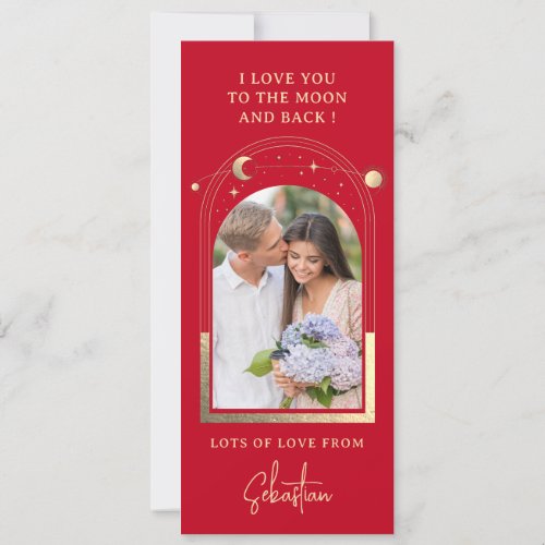 Love You To The Moon Photo Celestial Red Gold Holiday Card