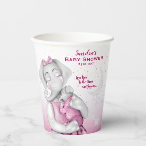 Love You To The Moon Pink Elephant Baby Shower Paper Cups