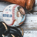 Love you to the Outfield Photo White Leather Look Baseball<br><div class="desc">Personalized white leather look baseball with two photos and lovely baseball quote from kids. The wording reads "love you to the outfield and back" and is lettered in modern skinny font and bold typography in deep blue and red. The photo template is set up ready for you to add your...</div>
