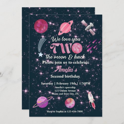 Love You Two The Moon Girls Pink 2nd Birthday Invitation