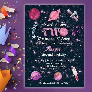 Love You Two The Moon Girls Pink 2nd Birthday Invitation