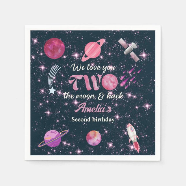 Love You Two The Moon Girls Pink 2nd Birthday Napkins (Front)