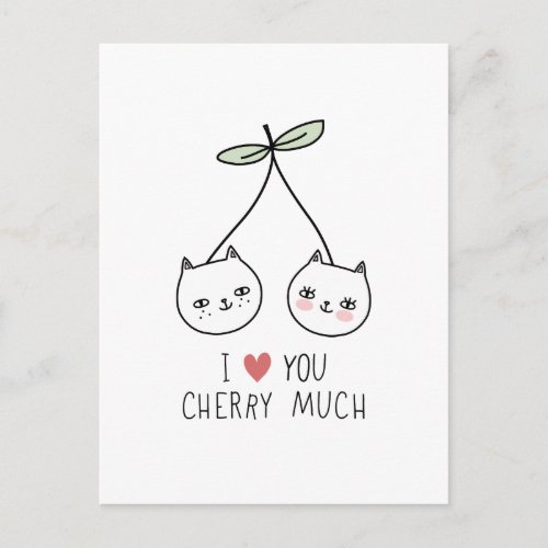 Love you Valentines Day Cherry Cat Lover Postcard