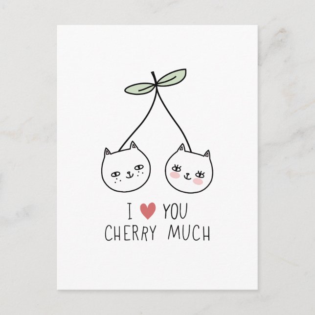 Love you Valentine's Day Cherry Cat Lover Postcard (Front)