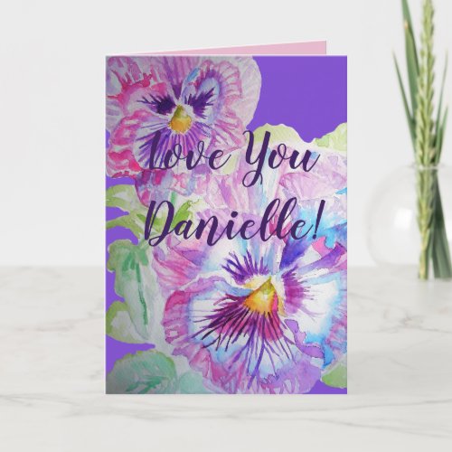 Love You Wifes Name Purple Pansy Watercolor Card