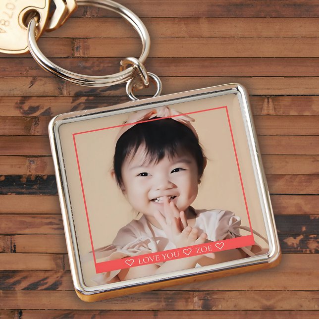 Love you with name and photo in a red frame keychain (Creator Uploaded)