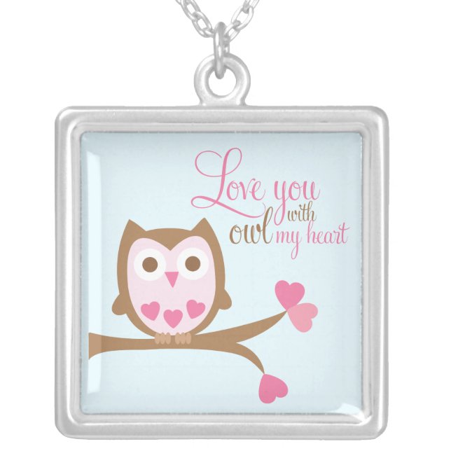 "Love You With OWL My Heart" Pink Owl Silver Plated Necklace (Front)