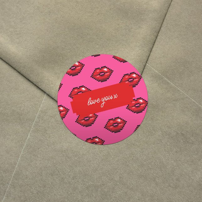 Love You x Add Your Text Red Lips Valentine Kisses Classic Round Sticker (Creator Uploaded)