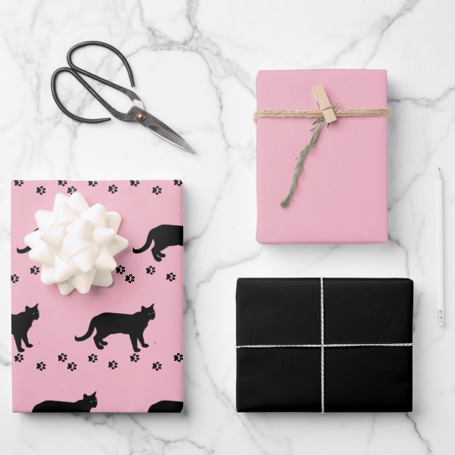 Love Your Cat Pink and Black Cat  Wrapping Paper Sheets (Front)