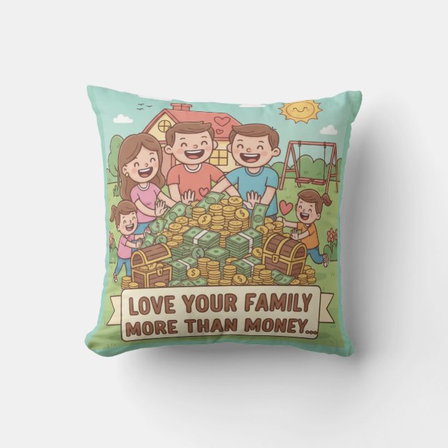 Love Your Family More Than Money Throw Pillow (Front)
