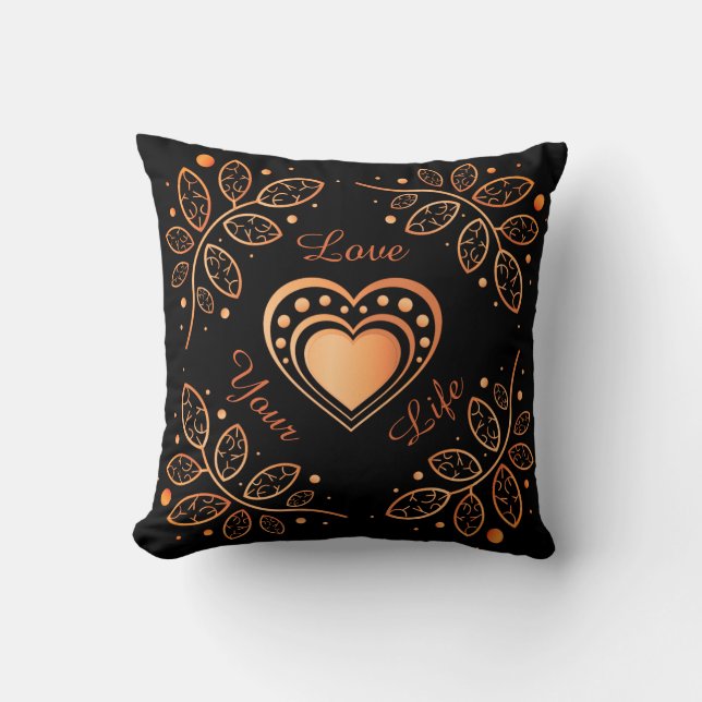 Love Your Life Black & Orange Inspiration Mandala Throw Pillow (Front)