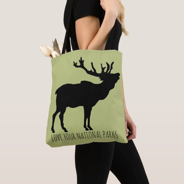 Love Your National Parks Elk Tote Bag (Close Up)