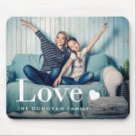 Love | Your Personal Photo and a Heart Mouse Pad<br><div class="desc">This cute and stylish mouse pad features your own personal photo,  along with the word "love" in elegant white modern typography and a heart.</div>