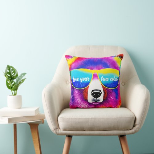 Love Your True Colors Rainbow Bear Throw Pillow