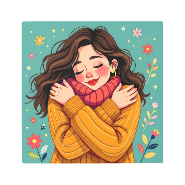 Love Yourself | Girl Hugging Herself Metal Print (Front)