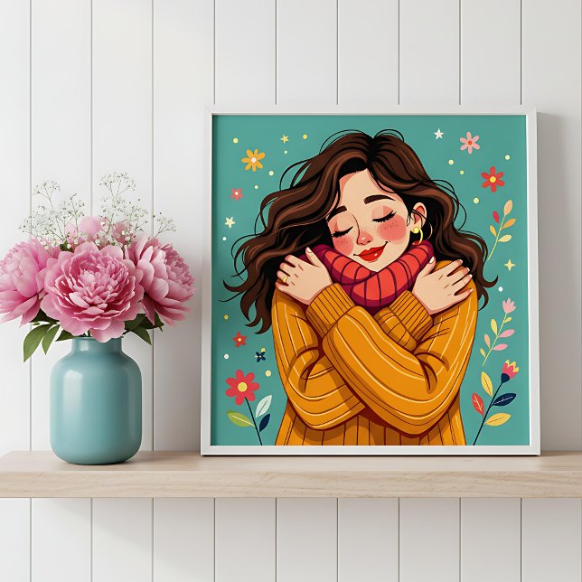 Love Yourself | Girl Hugging Herself Peel And Stick Photo Tile (Creator Uploaded)