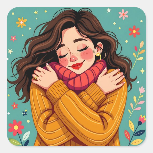 Love Yourself | Girl Hugging Herself Square Sticker (Front)