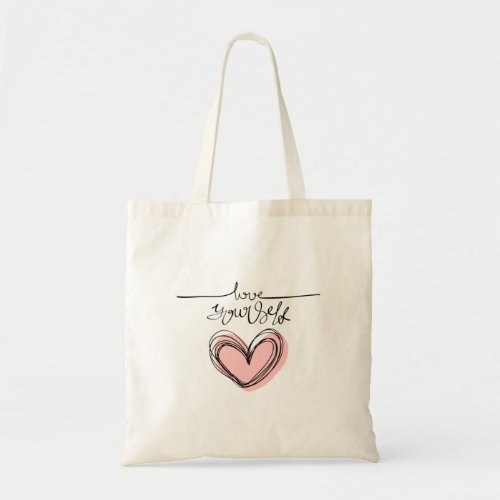 Love yourself inspirational text with heart tote bag