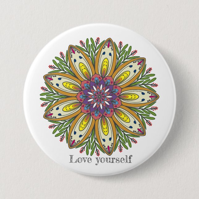 Love yourself mandala flowers button (Front)