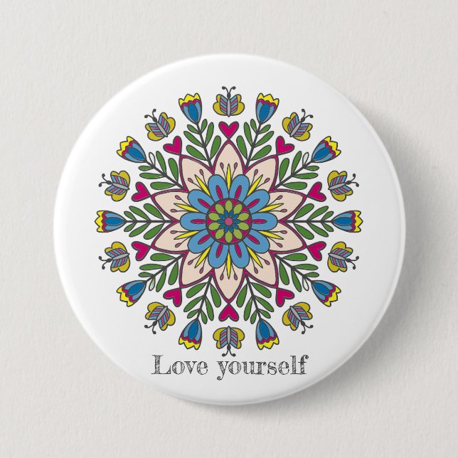 Love yourself mandala flowers button (Front)