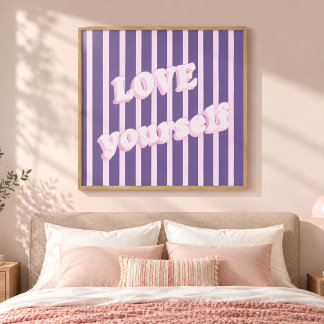 Love Yourself Purple Striped Retro Typography Canvas Print
